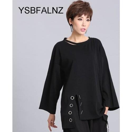 Bluzki Damskie Ring Split Black Plus Size T Shirt Women Hem Irregular Hollow Out Stitch O Neck Womens Clothing Tide 2021 Spring