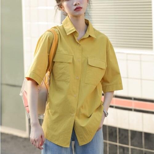 LJSXLS New Turn-down Collar Short Sleeve Womens Shirt Fashion Pockets Open Stitch Blouses Women Summer Solid Preppy Style Tops
