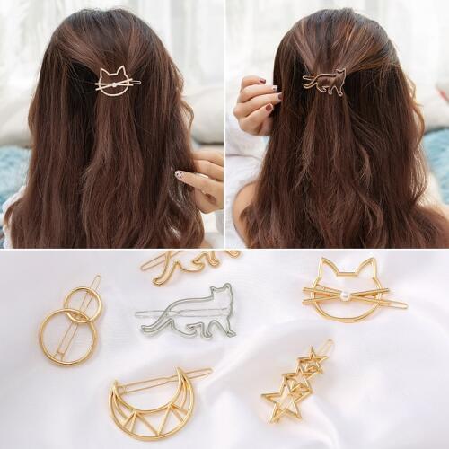 New Hair Clip For Women Moon Cat Heart Hairpin Simple Golden Silver Barrette Hair Accessories Styling Tool Girls Fashion Gift