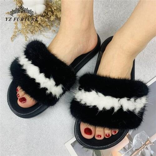 2021 Spring Autumn New Ladies Woven Slippers Real Mink Fur Comfortable Stylish Womens Home Slippers Hairy PU bottom Sandals