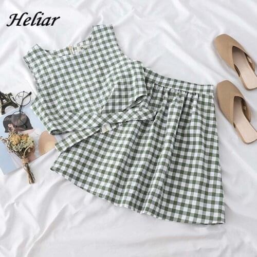 Heliar Zipper Plaid Tank Top and High-Waisted Plaid Skirts Two Pc Outfits Women Summer Suits Top and Midi Skirts 2019 Summer