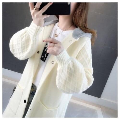 2021 Hooded Women V Neck Vintage Knitted Cardigan Sweater Female Warm Knitwear Cardigans Soft Ladies Jumpers Top Coats H591