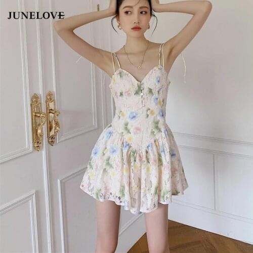 Sexy Strap Floral Dress Women Designer V-Neck Elegant Lace Sweet Boho Dress Female Summer Chic Backless Casual Party Clothes