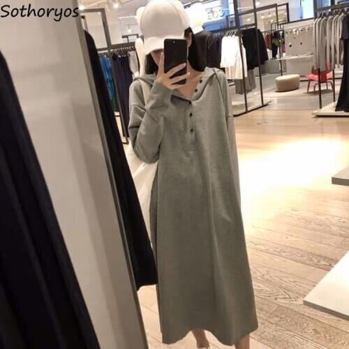 Long Sleeve Dress Women Loose Hooded Solid Straight Midi-dresses Leisure All-match Ulzzang Soft Comfortable Korean Fashion Daily