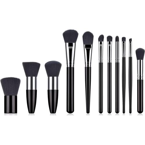 11pcs Wood Handle Black Professional Makeup Tools Concealer Blusher Eye Shadow Face Makeup Brush Set