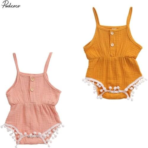 2020 0-24M Summer Sweet Tassels Baby Girls Rompers Sleeveless Solid Button Jumpsuit Playsuit Cotton Linen Clothes 2 Colors