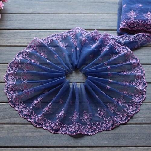 2yds Lace Trim Exquisite Pink Floral Embroidered Dark Blue Tulle Lace 7" Wide