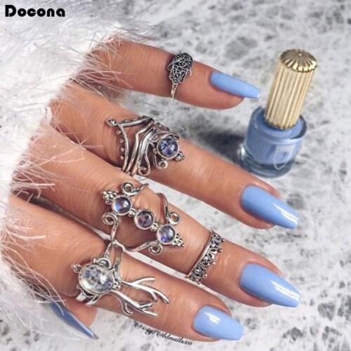 Docona Vintage 6pcs/sets Blue Opal Stone Silver Color Hollow Geometric Hand Animal Retro Jewelry for Women Accessories 9537