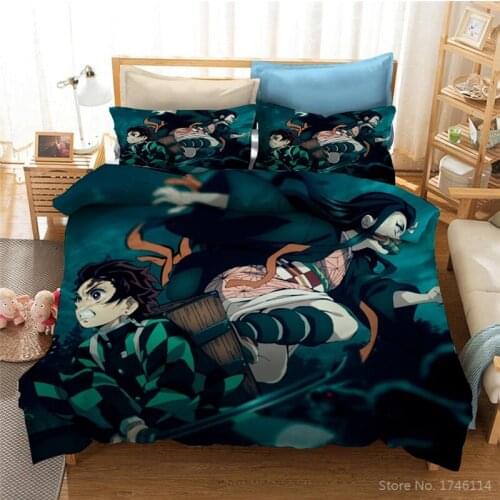 Anime Demon Slayer 3D Cartoon Printed Duvet Cover + Pillowcase Kimetsu No Yaiba Bed Linens Twin Full Queen King Size Bedding Set