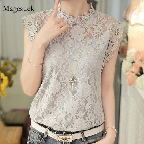 Summer Sleeveless Blouse Women Plus Size Hollow Lace Women Tops Gray Lace Shirt Women Sexy See-Through Womens Clothing 59G