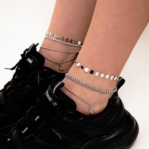 Moon Crystal Anklet for Women Gold Silver Color Round Sequins Chain Boho Ankle Bracelet on Leg Foot Bracelets Bohemian Jewelry