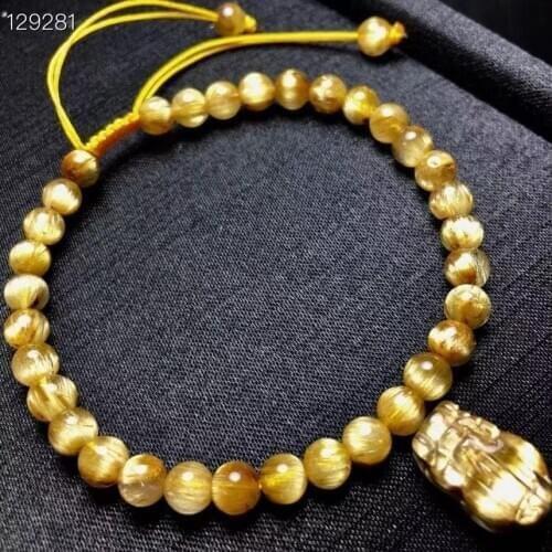Natural Gold Rutilated Quartz Clear Round Beads Bracelet Pi Xiu Pendant 13.8*9.2*7mm Cat Eye Women Wealthy Genuine AAAAAA