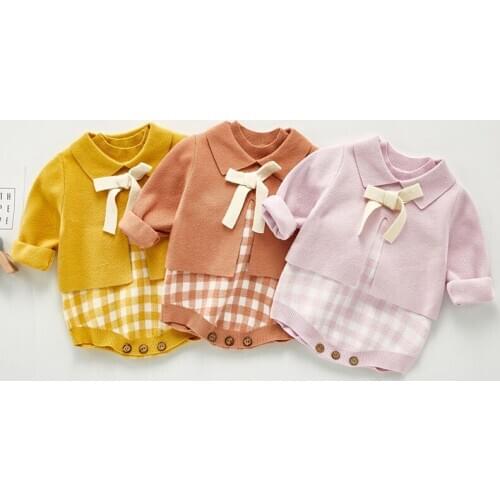 Baby Rompers Clothing Sets New Spring Autumn Infant Baby Girls Knit Long Sleeve Pure Color Coat + Grid Braces Kids Girl Suit
