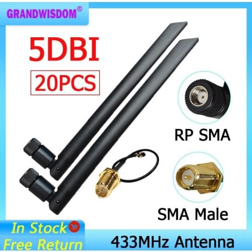 20pcs 433Mhz Antenna 5dbi GSM 433 mhz RP-SMA Connector Rubber Lorawan antenna+ IPX to SMA Male Extension Cord Pigtail Cable