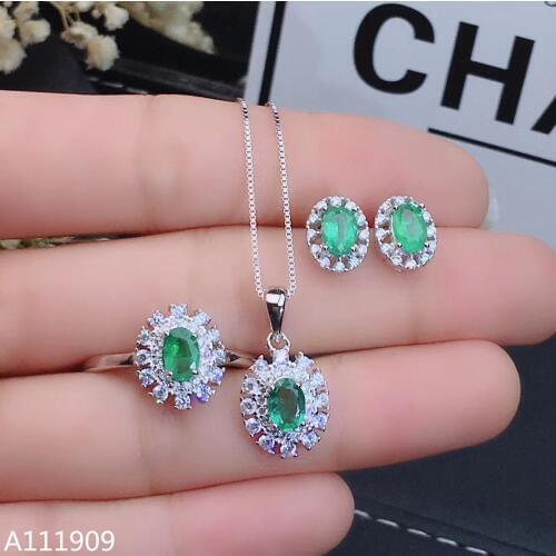 KJJEAXCMY boutique jewelry 925 sterling silver inlaid Natural Emerald Ring Earring Necklace Set Support Test