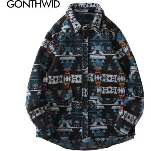 GONTHWID Thick Shirts Coats Streetwear Hip Hop Geometry Pattern Color Block Long Sleeve Shirt Jackets Men Harajuku Casual Shirts