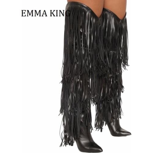 Fashion Women Tassel Fringe Long Boots Cowboy Shoes Spring Autumn Over The Knee Boots Side Zip Shoes Pointed Toe Boots Women