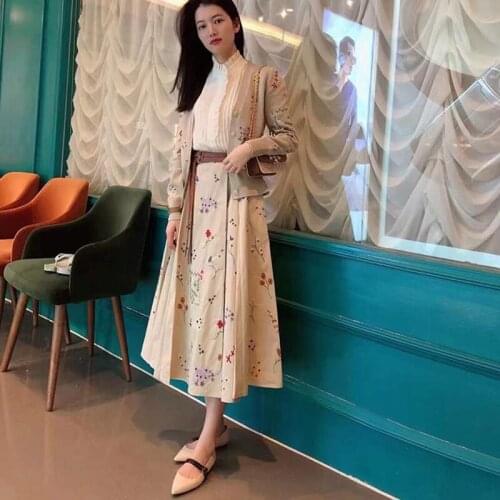 Fasigner Design 2021 Summer Skirt Women Vintage Embroidery Flower Button High Waist Pleated Skirt