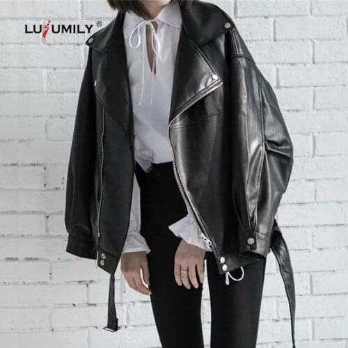 Lusumily New Women Pu Leather Jacket With Belt Fashion Drop Shoulders Black Motor Faux Leather Biker Jackets Loose Coat Female