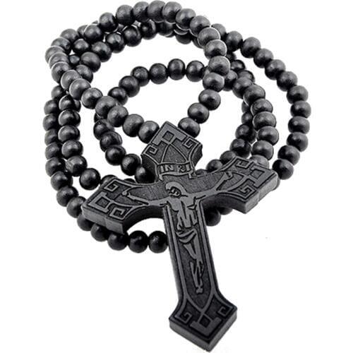 Original New Hip Hop Wood Cross Necklace For Men Colares Long Beads Chain Jesus Pendant Necklace Male Rock Jewelry Gift