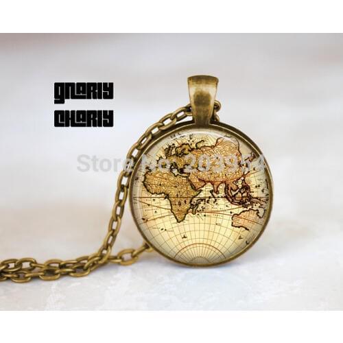 Steampunk handmade movie brown World Map Necklace 1pcs/lot bronze or steel Glass Pendant jewelry earth land mens 2017 vintage