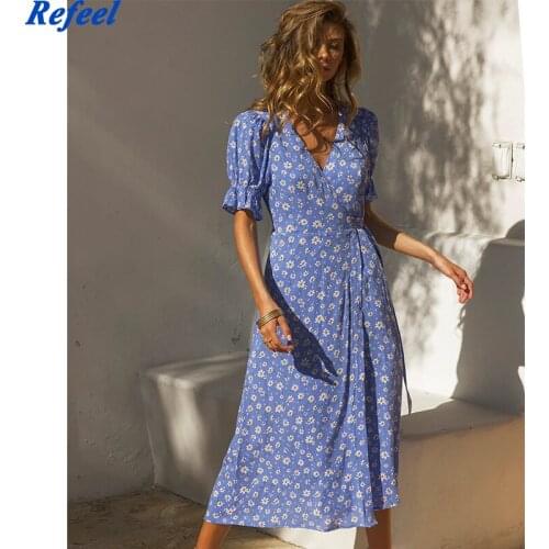 Summer V Neck Wrap Midi Dress Sexy Daisy Print Purple Vestidos Retro Short Flare Sleeve Dresses Vintage Dress