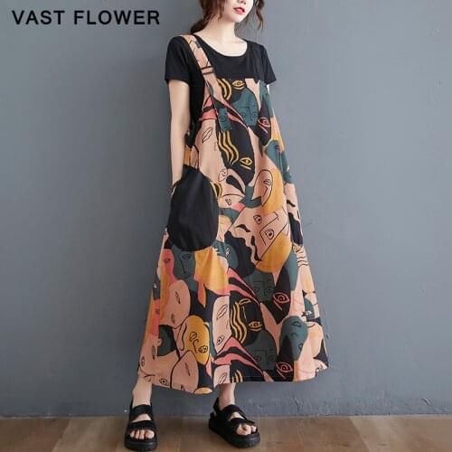 Print Pattern Vintage Plus Size Straps Dress Women New Sleeveless Casual Loose Fit Elegant Dress Fashion Clothes Summer 2021