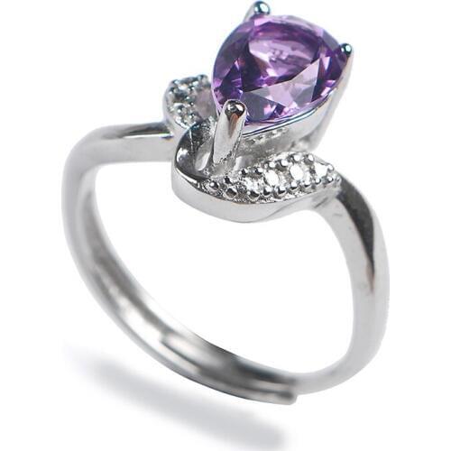 Genuine Natural Purple Crystal Quartz Women Wedding Adjustable Size Stering Sliver Ring Bead Size 11*7*4mm