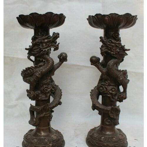 Song voge gem S1827 15" Chinese Dynasty palace Bronze lotus dragon Candle Holder Candlestick Pair
