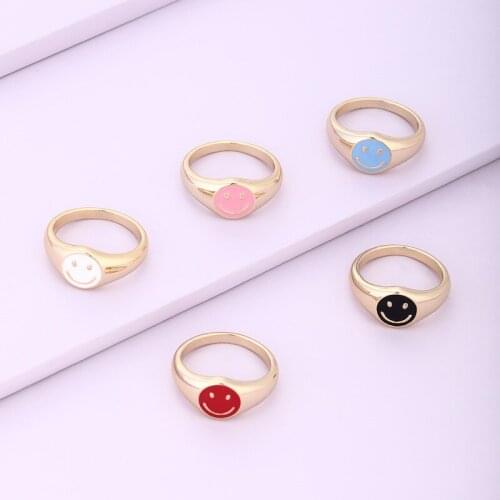 Simple Multicolor Enamel Smile Face Charm Rings for Women Ladies 5 Designs Metallic Index Finger Rings Wholesale Accessories