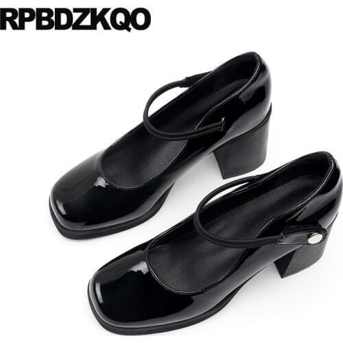 8cm patent leather pumps mary jane medium heels high fashion autumn black suede block shoes for women chunky square toe 2019
