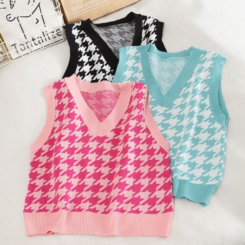 V Neck Vintage Argyle Sweater Vest Women Sleeveless Plaid Knitted Y2k Crop Top Female Loose Sweaters Autumn Preppy Style Jumpers