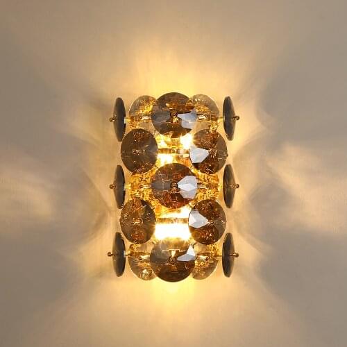 YOOGEE Smoky Gray Crystal Wall Lamp for Living Room Bedroom Bedside Home Decor Sconce Modern Corridor LED Light Fixtures
