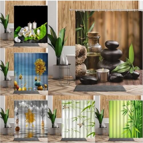 Zen Green Bamboo Shower Curtain Set Stone Bathroom Decoration Chinese Summer Style Home Screen Decor 3D Waterproof Bath Curtains