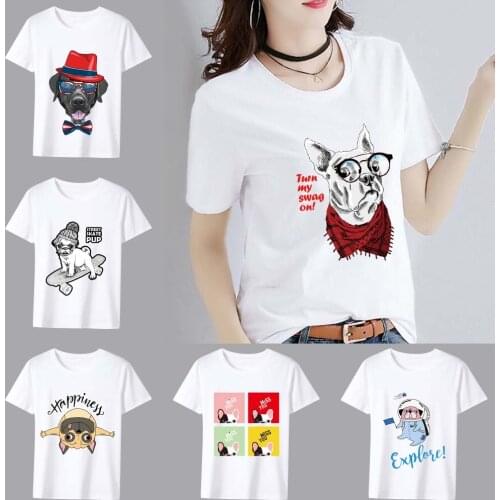Womens T-shirt Summer Street Fashion Casual Cute Dog Print Series Top O-neck Slim Ladies Commuter All-match Soft Basic Top