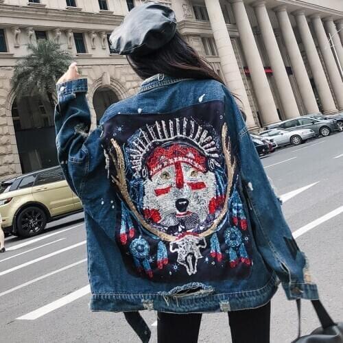 Pearl Beading Short Denim Jackets Women blue Wash Vintage Sequins Loose Jean Jacket Hole street Bomber Denim Coat women jacket