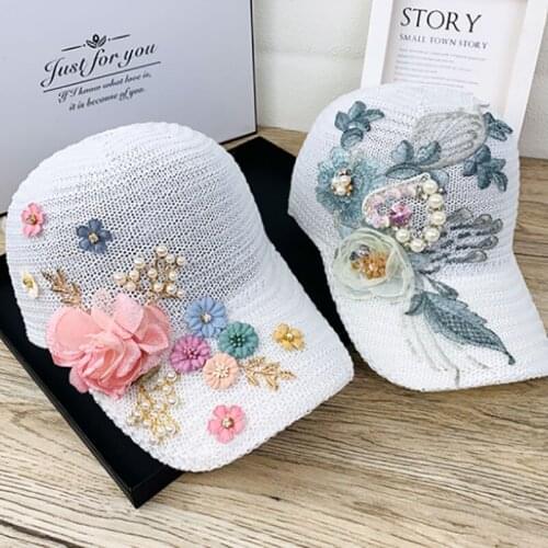 Womens Summer Rose Baseball Cap Snapback Fashion Hot Rhinestone Pearl Cap Ladies Casual Breathable Visor Cap