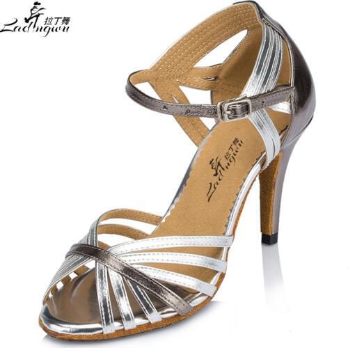 Ladingwu Hot Selling Golden/Silver PU Spring and Summer Wonems Soft Bottom Sandals Latin Dance Shoes Women Salsa Dance Shoes