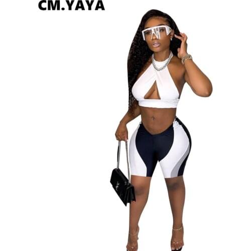 CM.YAYA Women Set Patchwork Sleeveless Halter Hollow Out Crop Tops Strechy Shorts Two 2 Piece Set Active Tracksuit Summer Outfit