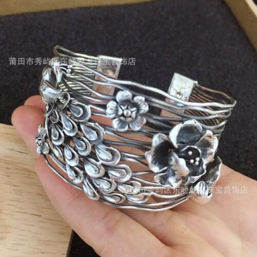 Retro S999 Sterling Silver Bangles For Women Peacock Phoenix Flower Vintage Silver color Jewelry Female Handmade Opening