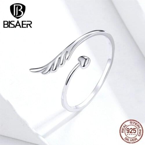 Feathers Rings BISAER Fashion 925 Sterling Silver Lucky Guardian Angel Wings Finger Rings for Women Luxury Silver Jewelry ECR567