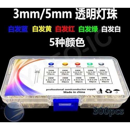 1box 5Color F3+F5mm LED kit-Transparent Cover Light Emitting Diode Red Yellow Blue Green White 3mm & 5mm Assorted mix colour