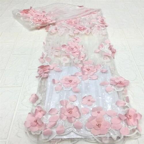 2021 pink New Design African Lace Fabric Wholesale French Lace Fabric High Quality 3d flower Nigerian Tulle beads Lace Fabric