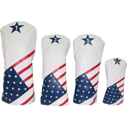 4 Pcs Retro American Flag Pattern Golf Headcovers Tee Sets Vintage Leather Style Drivers Fairway and Hybrid Head Classic