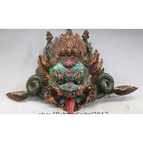 9" Tibet Buddhism Temple Bronze Turquoise coral Gem Garuda Buddha Head Mask