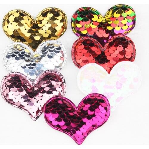 28Pcs 4*5.3cm Glitter Sequins Heart shape Padded Appliques for Clothes bags Sewing DIY Kids Hair Decor Ornament Accessories