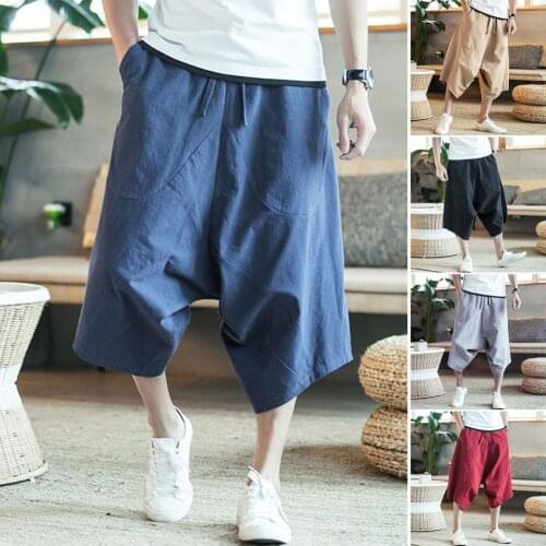 Summer Harem Pants Men Casual Men Capri Pants Drop Crotch Solid Color High Waist Baggy Cropped Trousers Streetwear Dropshipping