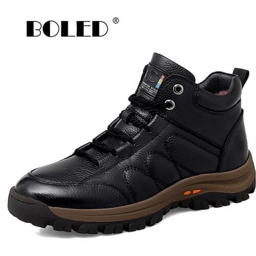 High Quality Natural Leather Winter Boots Men Warm Plush Ankle Snow Boots Comfortable Outdoor Shoes Men
