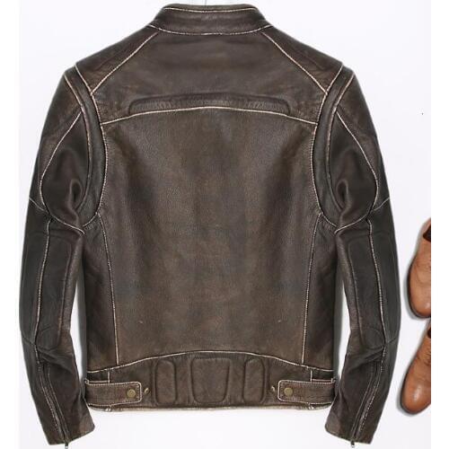 Real Genuine Jacket For Men Motorcycle Vintage Brown Natural Cow Leather Coat Male High Quality Luxury Brand Clothes Top