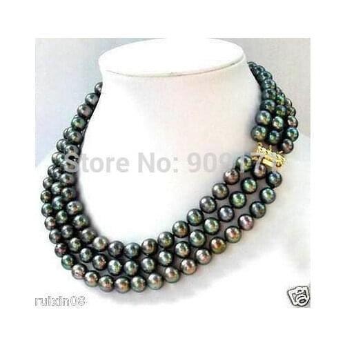 Noblest 3 row 7-8mm Akoya Cultured Black Pearl Necklace